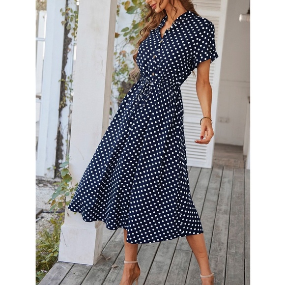 Navy Blue Polka Dot Dress Midi Drawstring Ties Short Sleeve - Picture 2 of 7